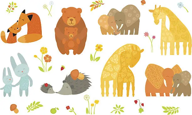 Vector illustration of Cartoon Forest Animals Parent with Baby.