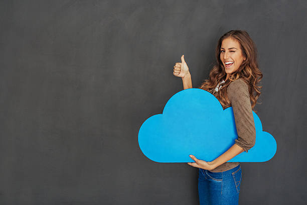 thumbs up for cloud computing - blackboard cloud global communications cloud computing imagens e fotografias de stock