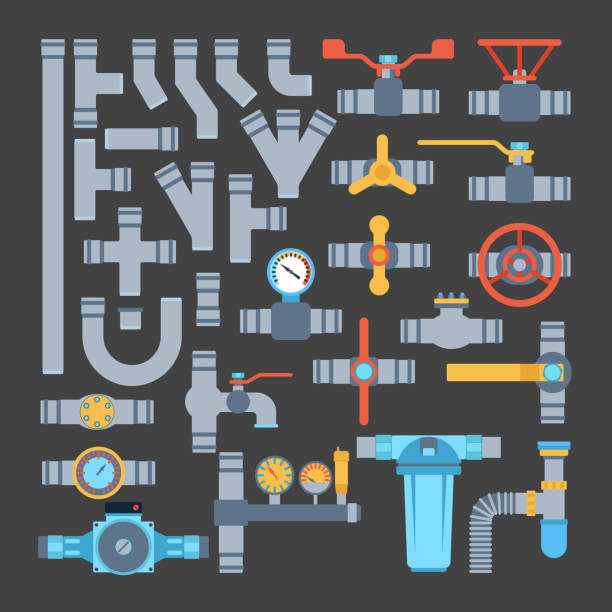 Pipes vector icons isolated. Details pipes different types collection. Vector set of water tube industry, gas valve construction. Oil industrial pressure technology plumbing. Steel factory engineering. pvc flange stock illustrations