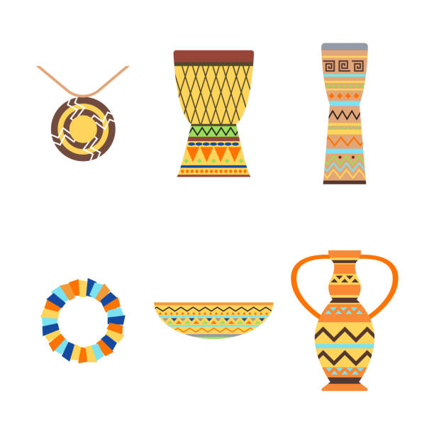 African drums and vase vector illustration. African djembe drum on white background. Music traditional instrument ethnic sound rhythm musical culture tool. Festival tribal folk indigenous equipment bongo. antelope bongo stock illustrations
