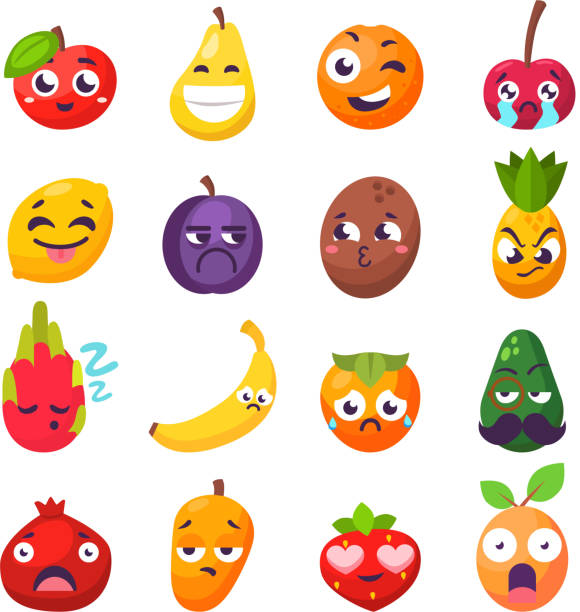 Emotions fruit characters isolated vector Cartoon emotions fruit characters isolated vector. Smile food nature happy expression. Vitamin healthy juicy mascot tasty garden design. drawing of eye wink stock illustrations