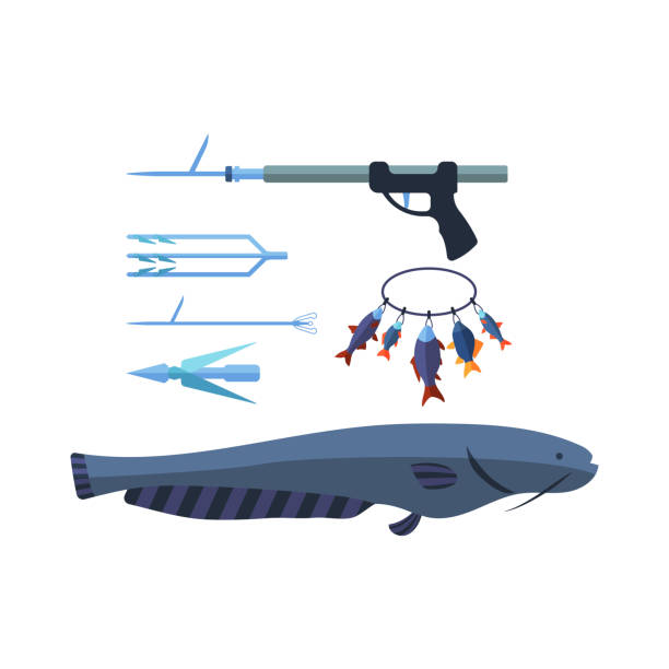 speargun 벡터 삽화 - harpoon spear fishing rope stock illustrations