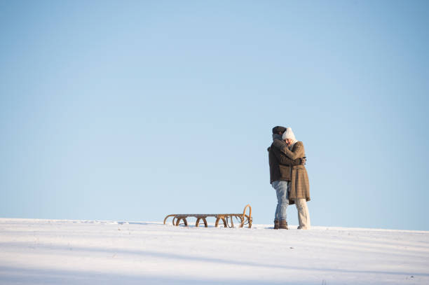 istock Beautiful senior couple on a walk pulling sledge, winter day. 638785904