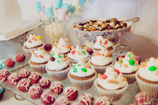 Beautiful candy bar with cakes, cake-pop, marshmallow for children or baby first tooth party