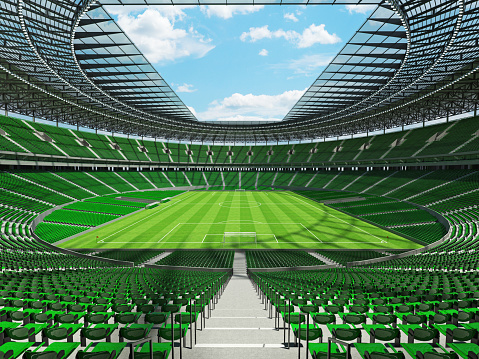3D render of a round football -  soccer stadium with  green seats and VIP boxes for hundred thousand people