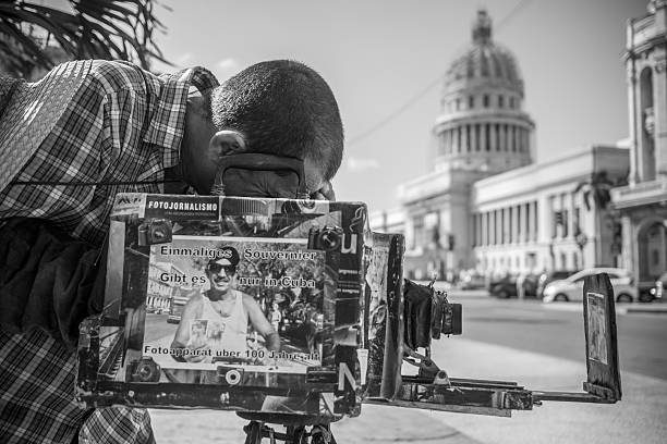 Havana, Cuba - October 14, 2016: Street Photographer looking thru his old fashion \