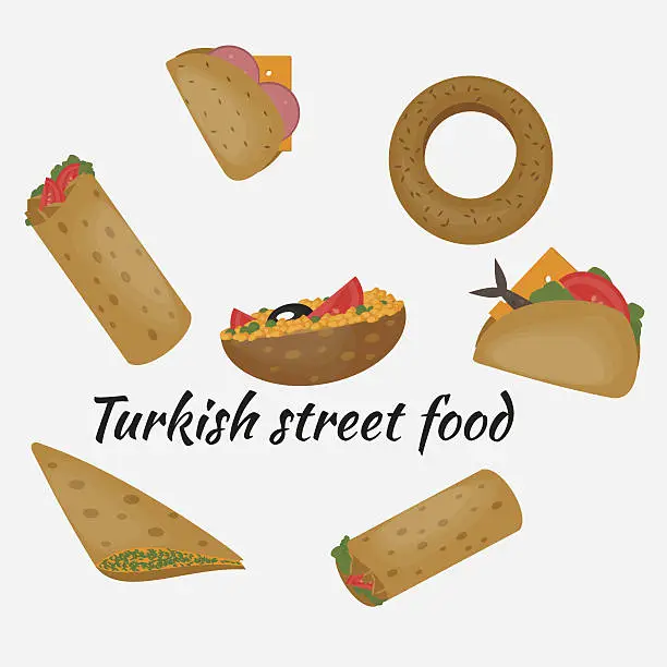 Vector illustration of Turkish Fast food, Traditional  street food, Turkish cuisine.