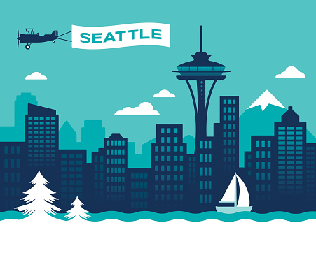 Seattle Washington USA skyline concept illustration. EPS 10 file. Transparency effects used on highlight elements.