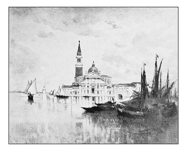 Antique dotprinted photograph of painting: San Giorgio, Venice Antique dotprinted photograph of painting: San Giorgio, Venice san giorgio maggiore stock illustrations