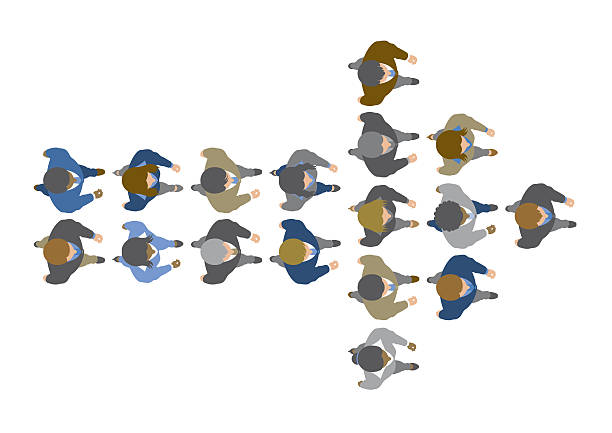 Overhead view of business leader bringing his team to success vector art illustration