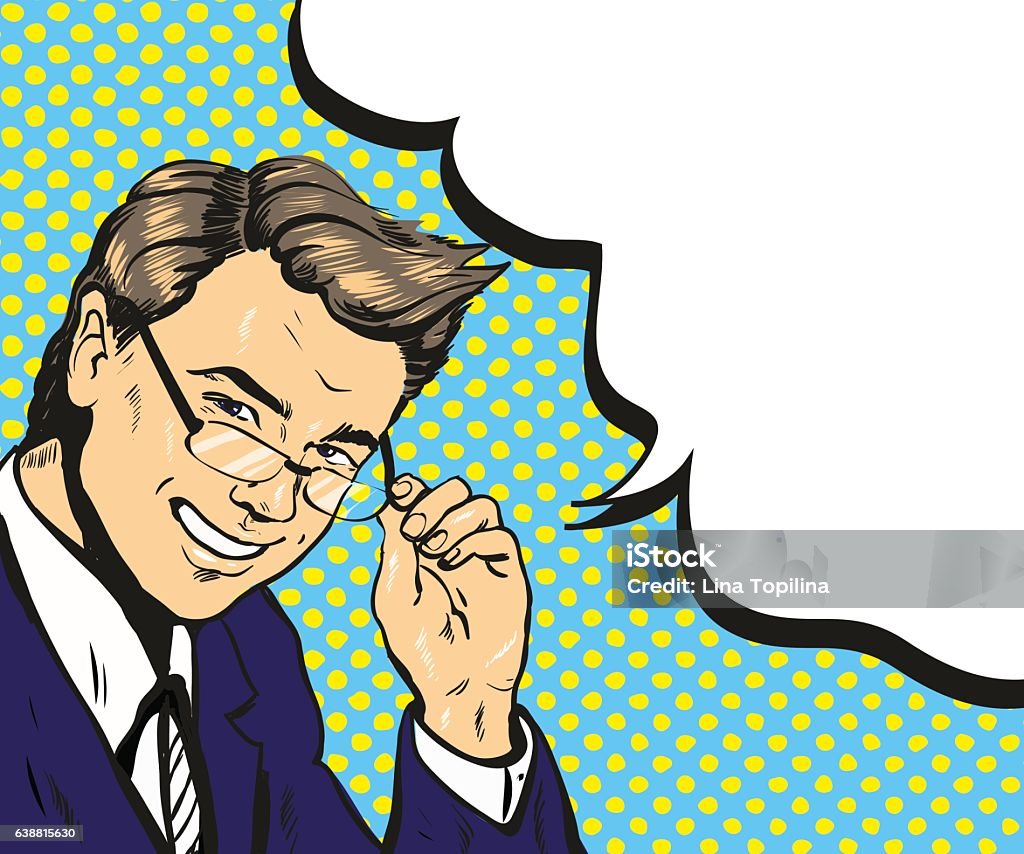 Hombre con gafas pop art discurso burbuja vector ilustración - arte vectorial de Arte Pop libre de derechos