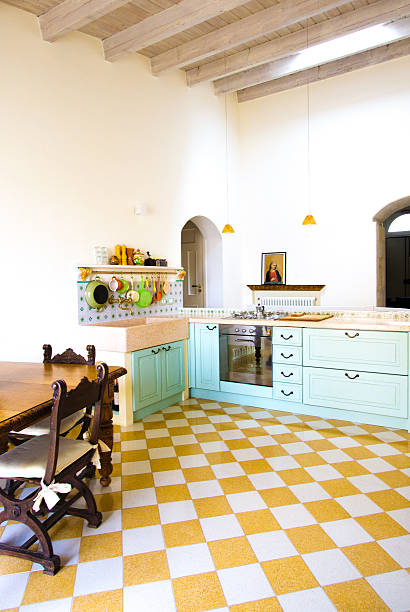 istock Modern-Rustic European/Italian Kitchen with Bright Checked Floor Tiles 638816440