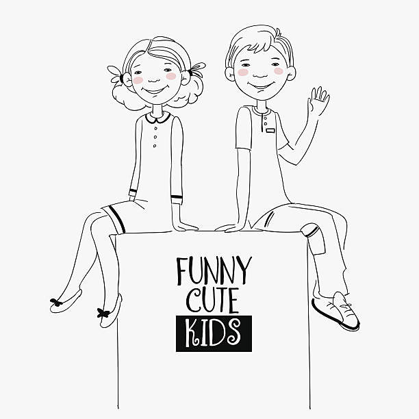 Funny kids with whiteboard. Cute, smiling boy and girl Funny kids with whiteboard. Cute, smiling boy and girl. Children becoming friends how to draw a school building clip art stock illustrations