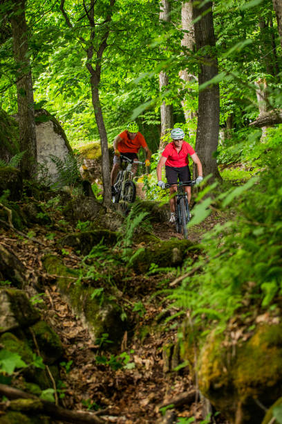 istock Couple Mountain Biking on Single Track in the Forest 638819838
