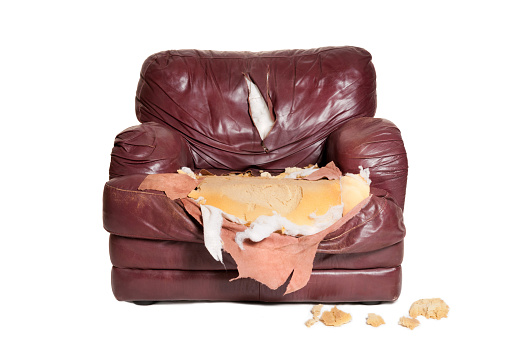 A weathered large leather armchair that has been ripped open and torn apart. There is cushion foam torn off and stuffing tossed about. The leather has been cut and ripped. The chair is photographed on a white background.