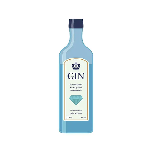 Vector illustration of Traditional dry gin in blue bottle. Alcohol drink. Flat style.