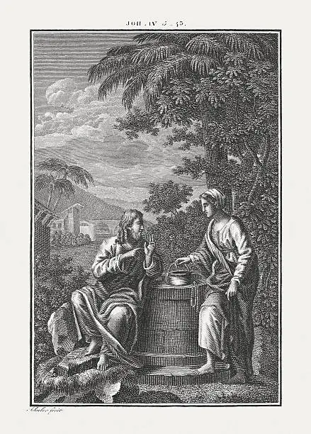 Jesus Talks With a Samaritan Woman (John 4). Copper engraving by Carl Schuler, published c. 1850.