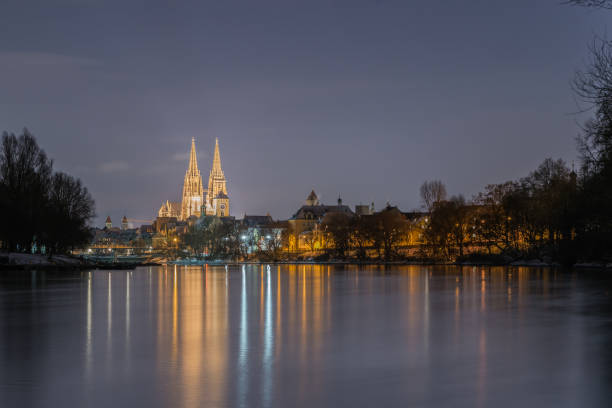 Regensburg with the yacht harbor at the danube river and view to st. peter cathedral 