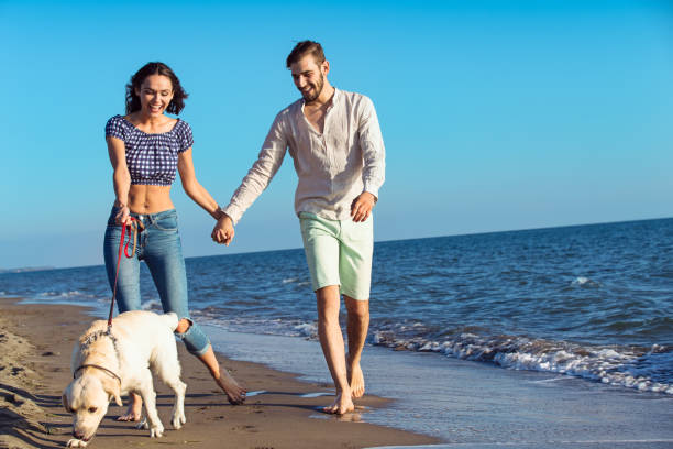 istock two young people running on the beach with dog 638835010