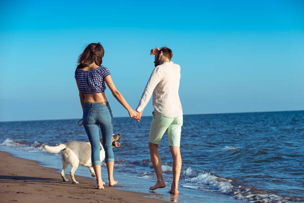 istock two young people running on the beach with dog 638835158