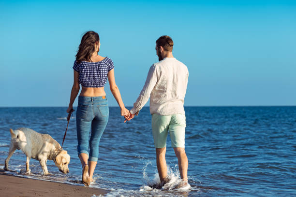 istock two young people running on the beach with dog 638835194