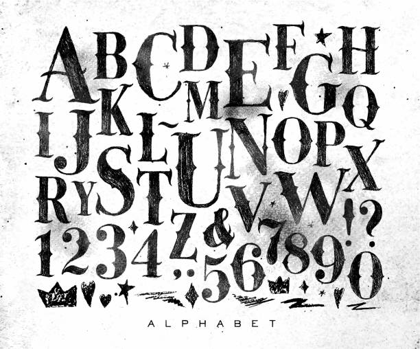 Vintage gothic alphabet Vintage gothic font in retro style drawing on dirty paper background alphabet borders stock illustrations