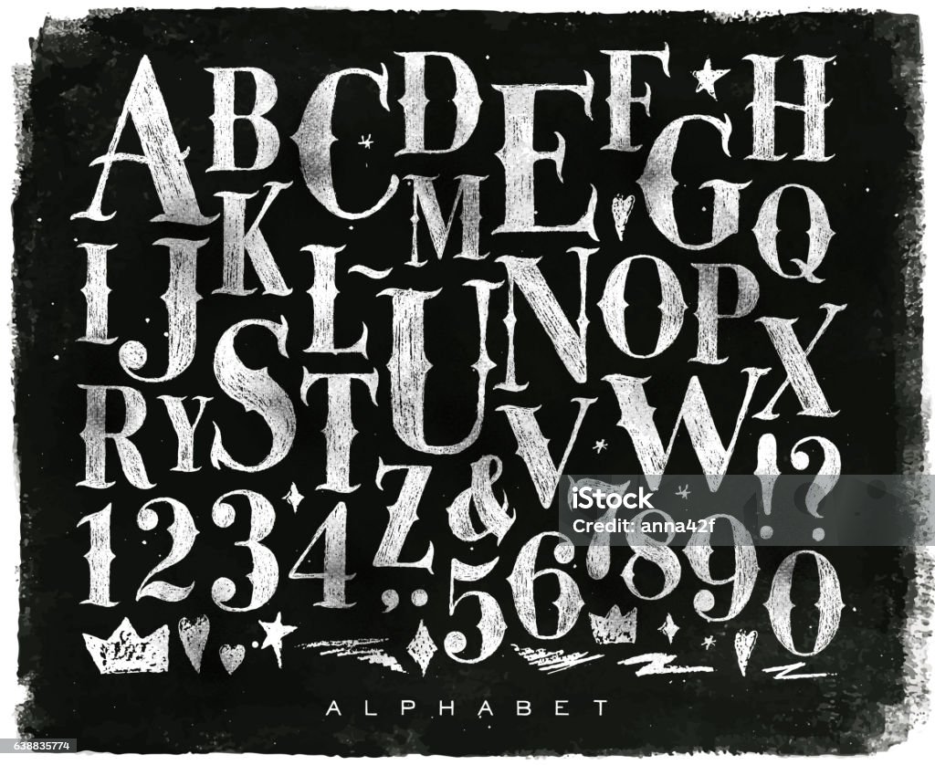 Vintage gothic alphabet chalk Vintage gothic font in retro style drawing with chalk on chalkboard background Typescript stock vector