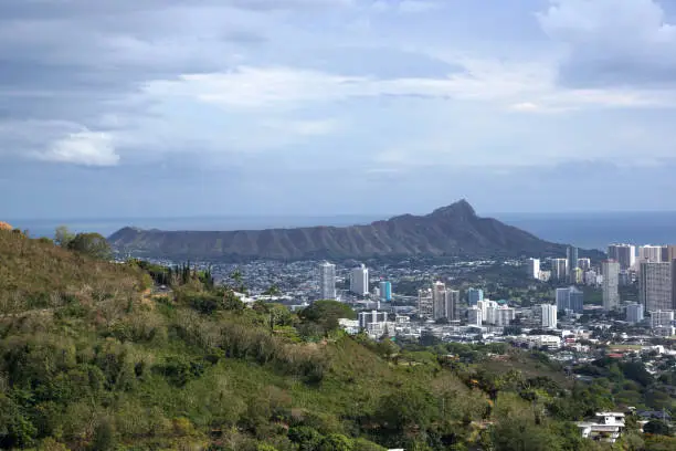 Diamondhead and the city of Honolulu on Oahu on a nice day. UH Manoa, Waikiki, Kapahulu and the H-1 Visible, seen from mountain top March 2015.