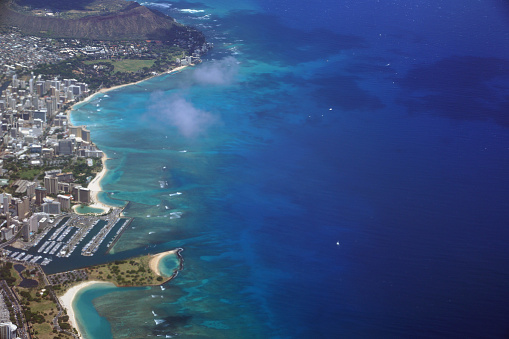 Waikiki, Ala Moana Beach Park, Kapiolani Park Harbor, Condos, Diamondhead, Hotels of Honolulu and Ocean Aerial view during the day.  Oahu, Hawaii.