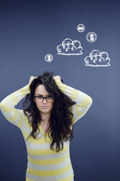 istock Young woman with background with drawn business symbols. 638842004
