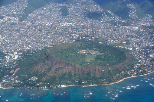 Aerial of Diamond Head Crater, Kaimuki, Kahala, and Honolulu on nice day. November 2014.