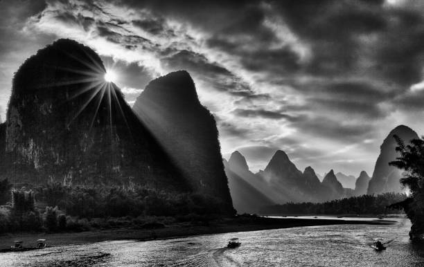 istock Sunset on Li River, Guilin, China in black and white 638847796