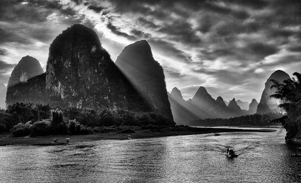 Sunset on Li River, Guilin, China in black and white