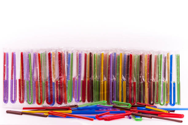 pre-packed colorful plastic straws stock photo