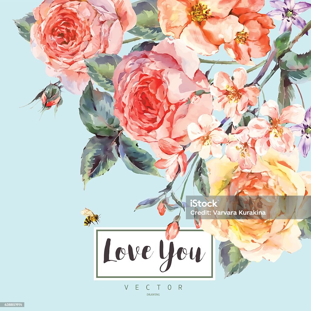 Carte de vœux florale vectorielle printemps avec bouquet de roses - clipart vectoriel de Aquarelle libre de droits