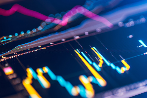 Close-up financial trading chart on digital LCD disply