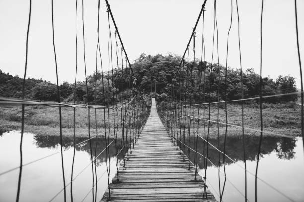 Rope wooden bridge in Kaeng Krachan National Park, Phetchaburi, Thailand. Black and White Color Effect.