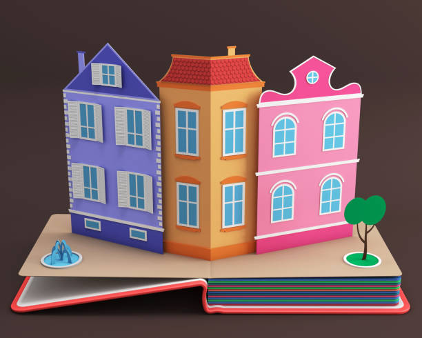 Pop-up book with vintage street. 3D rendering
