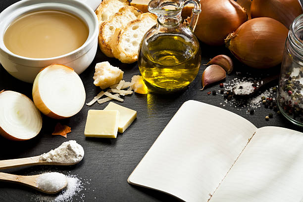 istock French onion soup ingredients and blank cookbook 638864318
