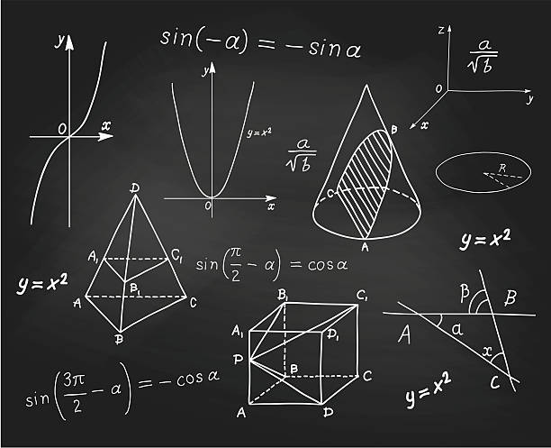 mathematik - geometrische formen und ausdrücke skizzen auf schultafel - mathematical symbol mathematics formula blackboard stock-grafiken, -clipart, -cartoons und -symbole