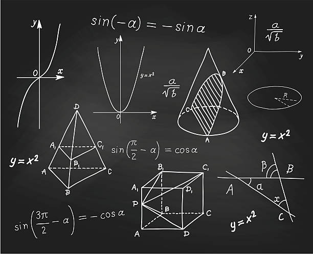 ilustraciones, imágenes clip art, dibujos animados e iconos de stock de matemáticas - formas geométricas y bocetos de expresiones en el tablero escolar - geometría