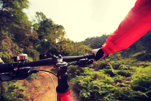 istock people riding mountain bike on forest trail 638867272