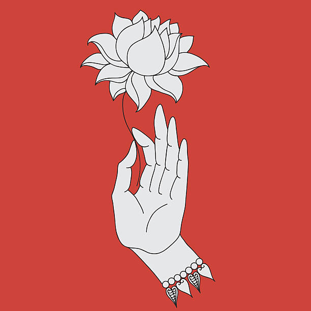 Elegant  Buddha hand with flower. Isolated icons of Mudra. Elegant  hand drawn Buddha hand with flower. Isolated icons of Mudra. Beautifully detailed, serene. Vintage decorative elements. Indian, Hindu motifs mudra stock illustrations