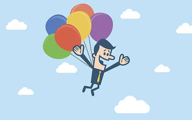 Vector illustration of Businessman flying with colorful balloons