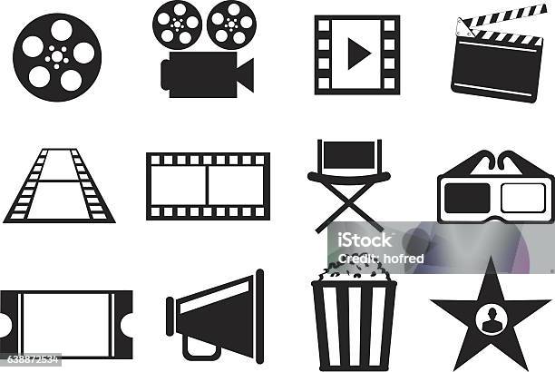 Black And White Cinema Movie Entertainment Vector Icon Set Stock Illustration - Download Image Now