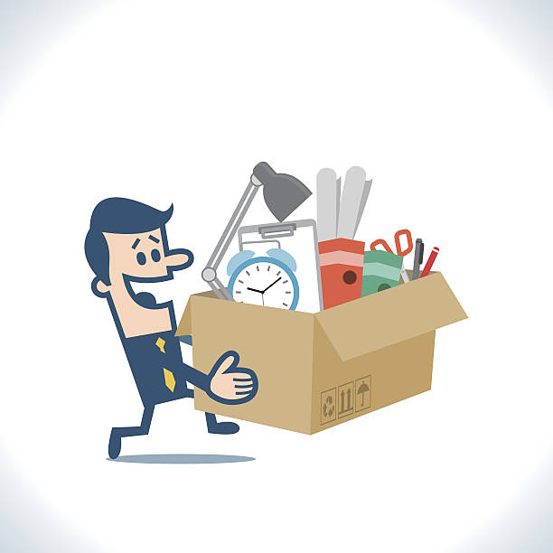 mann trägt kisten mit seiner arbeit in ein neues büro - overnight delivery stock-grafiken, -clipart, -cartoons und -symbole