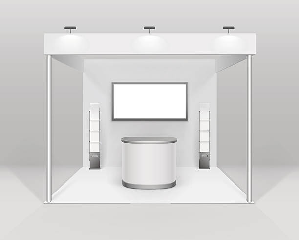 indoor-ausstellung standstand mit counter spotlight screen broschüre halter - information stock-grafiken, -clipart, -cartoons und -symbole
