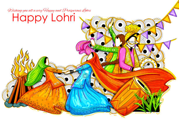 illustrazioni stock, clip art, cartoni animati e icone di tendenza di sfondo happy lohri per il festival punjabi - bhangra