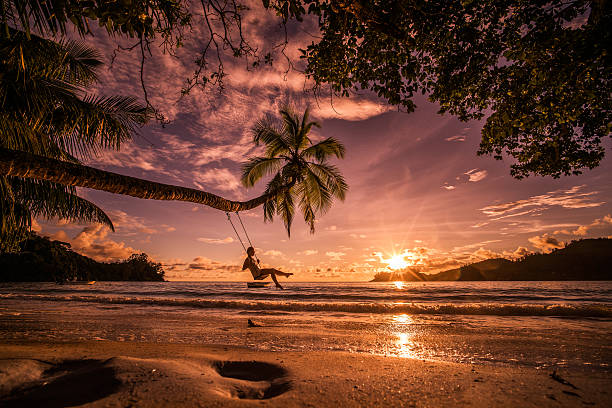 Carefree woman swinging above the sea at sunset beach. Young happy woman enjoying in beautiful sunset on the beach while swinging above the water. sunset beach hawaii stock pictures, royalty-free photos & images