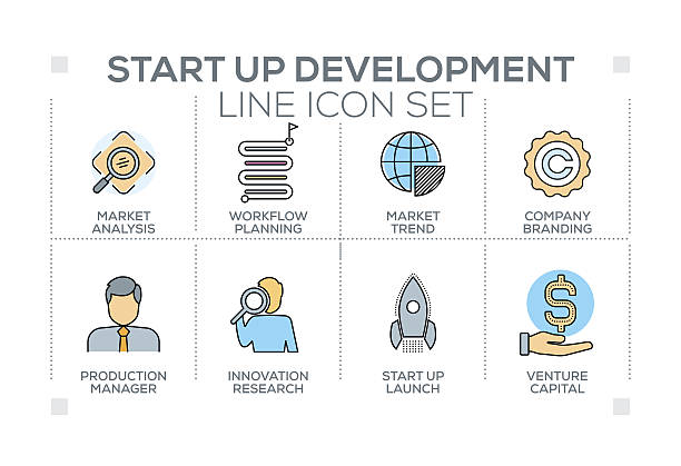 stockillustraties, clipart, cartoons en iconen met start up and development keywords with line icons - onconventioneel leiderschap
